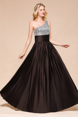 Affordable One Shoulder Sequins Long Bridesmaid Dresses with Ruffle-Babyonlines