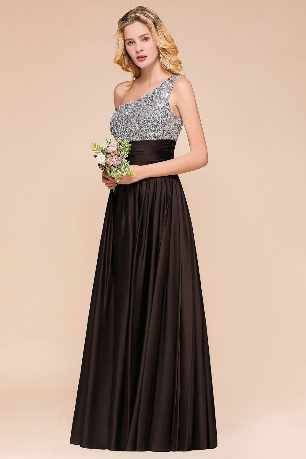 Affordable One Shoulder Sequins Long Bridesmaid Dresses with Ruffle-Babyonlines