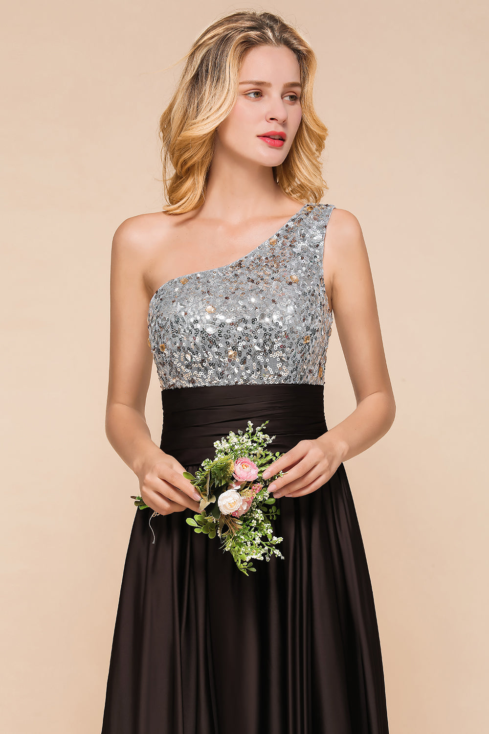 Affordable One Shoulder Sequins Long Bridesmaid Dresses with Ruffle-Babyonlines