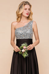 Affordable One Shoulder Sequins Long Bridesmaid Dresses with Ruffle-Babyonlines