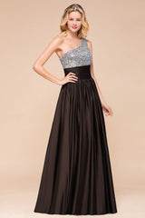 Affordable One Shoulder Sequins Long Bridesmaid Dresses with Ruffle-Babyonlines