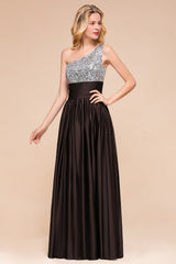 Affordable One Shoulder Sequins Long Bridesmaid Dresses with Ruffle-Babyonlines
