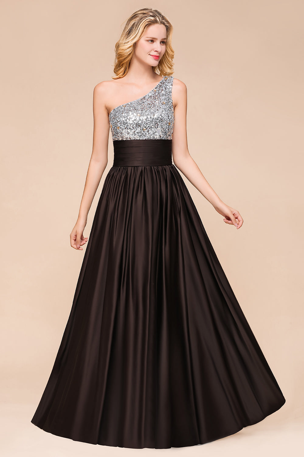 Affordable One Shoulder Sequins Long Bridesmaid Dresses with Ruffle-Babyonlines