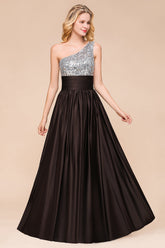 Affordable One Shoulder Sequins Long Bridesmaid Dresses with Ruffle-Babyonlines