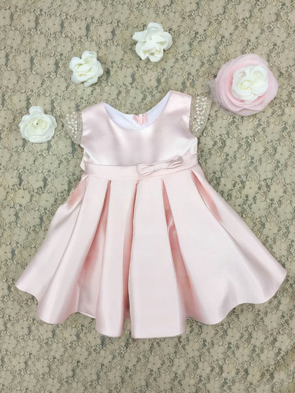 Affordable Pink Satin Bow A-line Scoop Neck Ankle-length Flower Girl Dresses