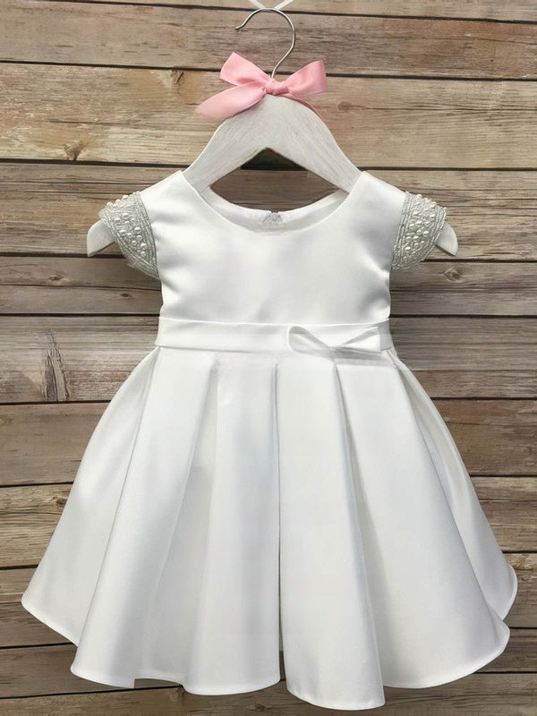 Affordable Pink Satin Bow A-line Scoop Neck Ankle-length Flower Girl Dresses
