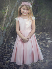 Affordable Pink Satin Bow A-line Scoop Neck Ankle-length Flower Girl Dresses
