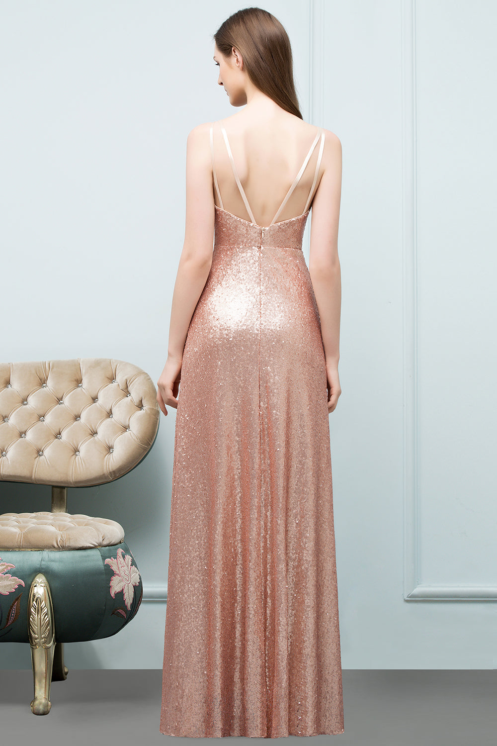Affordable Pink Sequined Long Bridesmaid Dress With Scoop-Babyonlines
