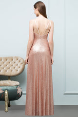 Affordable Pink Sequined Long Bridesmaid Dress With Scoop-Babyonlines