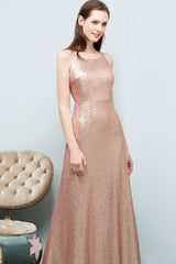 Affordable Pink Sequined Long Bridesmaid Dress With Scoop-Babyonlines