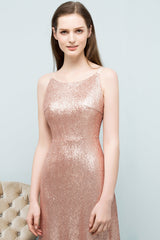 Affordable Pink Sequined Long Bridesmaid Dress With Scoop-Babyonlines