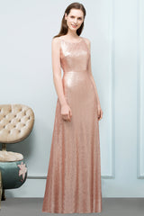 Affordable Pink Sequined Long Bridesmaid Dress With Scoop-Babyonlines