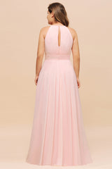 Affordable Plus Size Chiffon Round Neck Pink Bridesmaid Dress-Babyonlines
