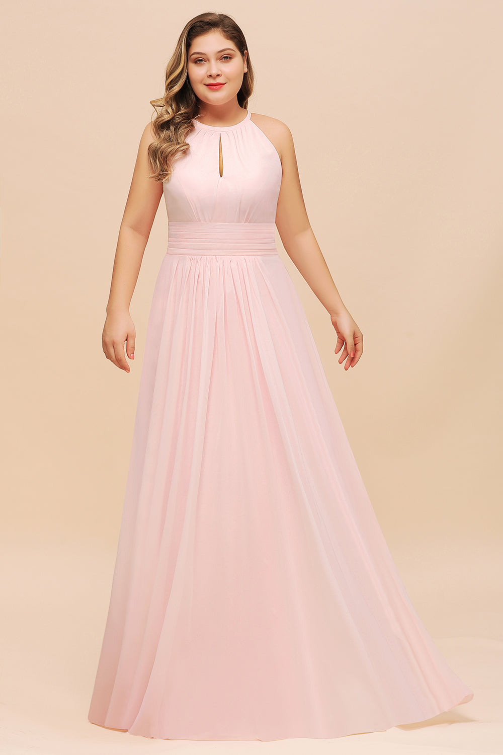 Affordable Plus Size Chiffon Round Neck Pink Bridesmaid Dress-Babyonlines