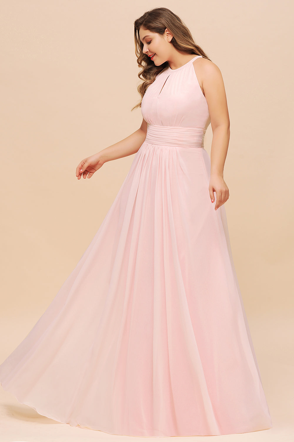 Affordable Plus Size Chiffon Round Neck Pink Bridesmaid Dress-Babyonlines