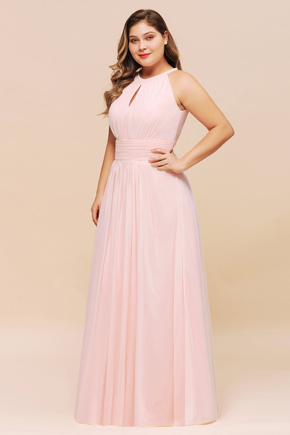 Affordable Plus Size Chiffon Round Neck Pink Bridesmaid Dress-Babyonlines