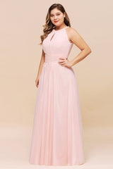 Affordable Plus Size Chiffon Round Neck Pink Bridesmaid Dress-Babyonlines