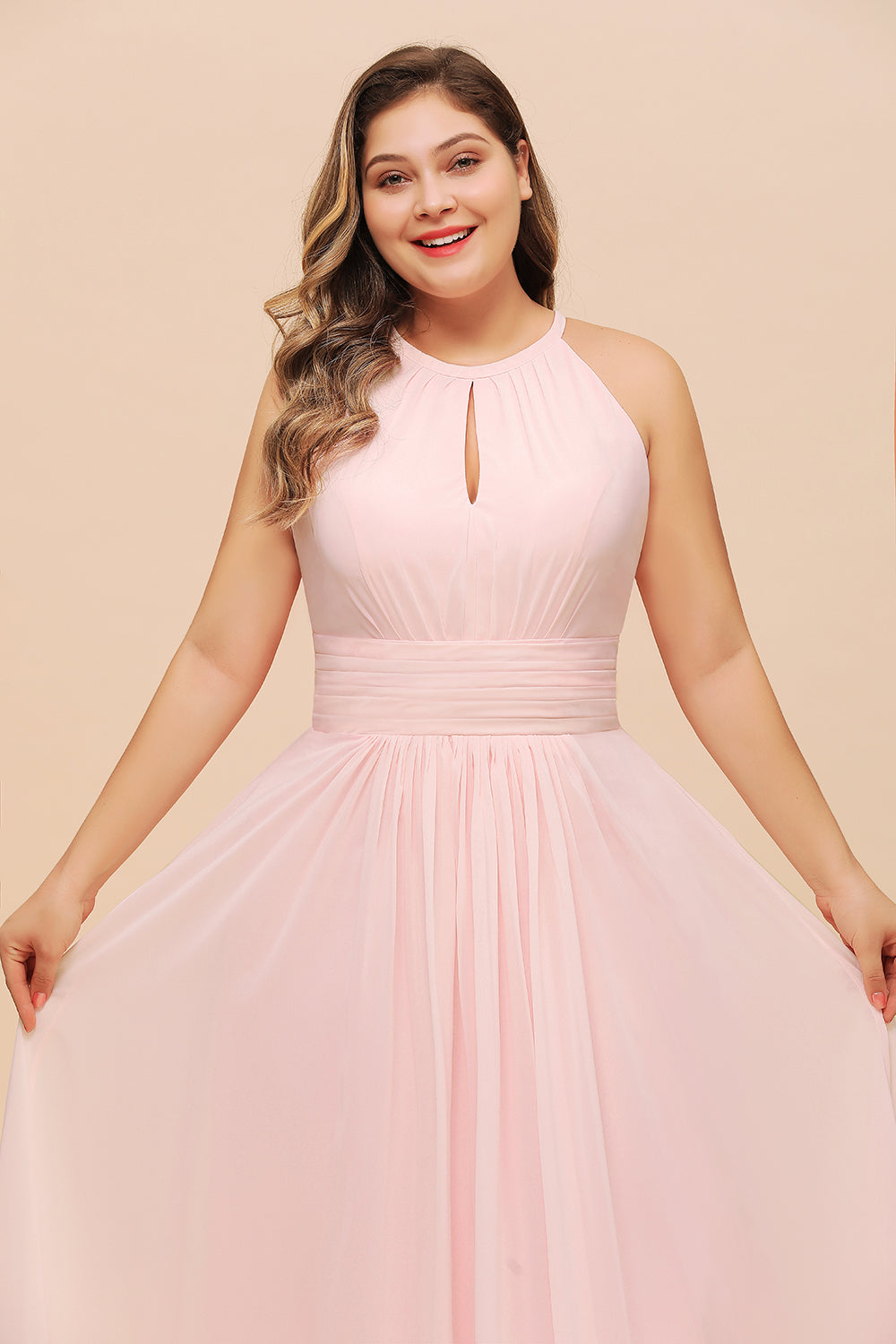 Affordable Plus Size Chiffon Round Neck Pink Bridesmaid Dress-Babyonlines