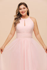 Affordable Plus Size Chiffon Round Neck Pink Bridesmaid Dress-Babyonlines