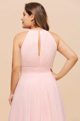Affordable Plus Size Chiffon Round Neck Pink Bridesmaid Dress-Babyonlines