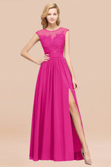 Affordable Scoop Lace Appliques Yellow Bridesmaid Dresses with Slit-Babyonlines