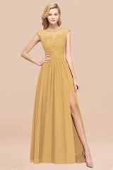 Affordable Scoop Lace Appliques Yellow Bridesmaid Dresses with Slit-Babyonlines