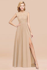 Affordable Scoop Lace Appliques Yellow Bridesmaid Dresses with Slit-Babyonlines