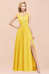 Affordable Scoop Lace Appliques Yellow Bridesmaid Dresses with Slit-Babyonlines