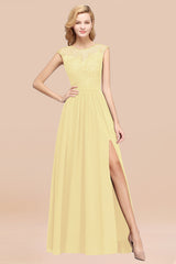 Affordable Scoop Lace Appliques Yellow Bridesmaid Dresses with Slit-Babyonlines