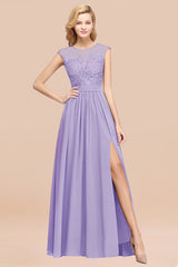 Affordable Scoop Lace Appliques Yellow Bridesmaid Dresses with Slit-Babyonlines