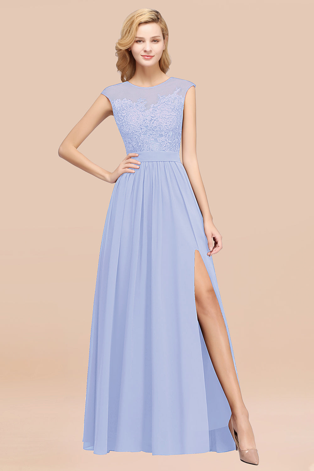 Affordable Scoop Lace Appliques Yellow Bridesmaid Dresses with Slit-Babyonlines