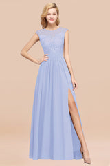 Affordable Scoop Lace Appliques Yellow Bridesmaid Dresses with Slit-Babyonlines