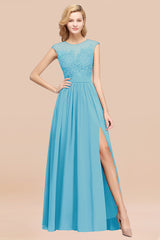 Affordable Scoop Lace Appliques Yellow Bridesmaid Dresses with Slit-Babyonlines