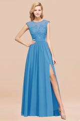 Affordable Scoop Lace Appliques Yellow Bridesmaid Dresses with Slit-Babyonlines