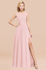 Affordable Scoop Lace Appliques Yellow Bridesmaid Dresses with Slit-Babyonlines