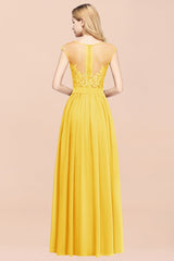Affordable Scoop Lace Appliques Yellow Bridesmaid Dresses with Slit-Babyonlines