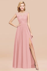 Affordable Scoop Lace Appliques Yellow Bridesmaid Dresses with Slit-Babyonlines