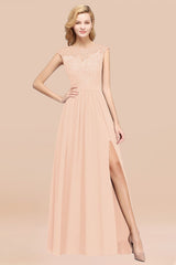 Affordable Scoop Lace Appliques Yellow Bridesmaid Dresses with Slit-Babyonlines