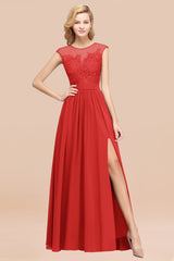 Affordable Scoop Lace Appliques Yellow Bridesmaid Dresses with Slit-Babyonlines