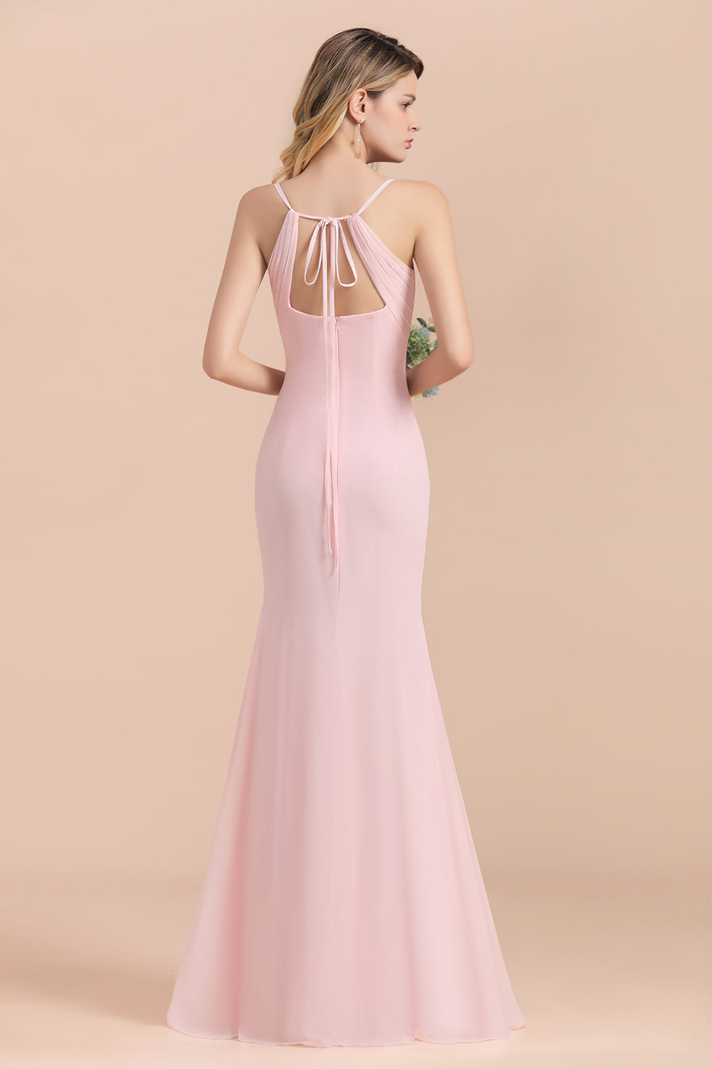 Affordable Sheath V-Neck Blushing Pink Chiffon Bridesmaid Dress with Spaghetii Straps-Babyonlines
