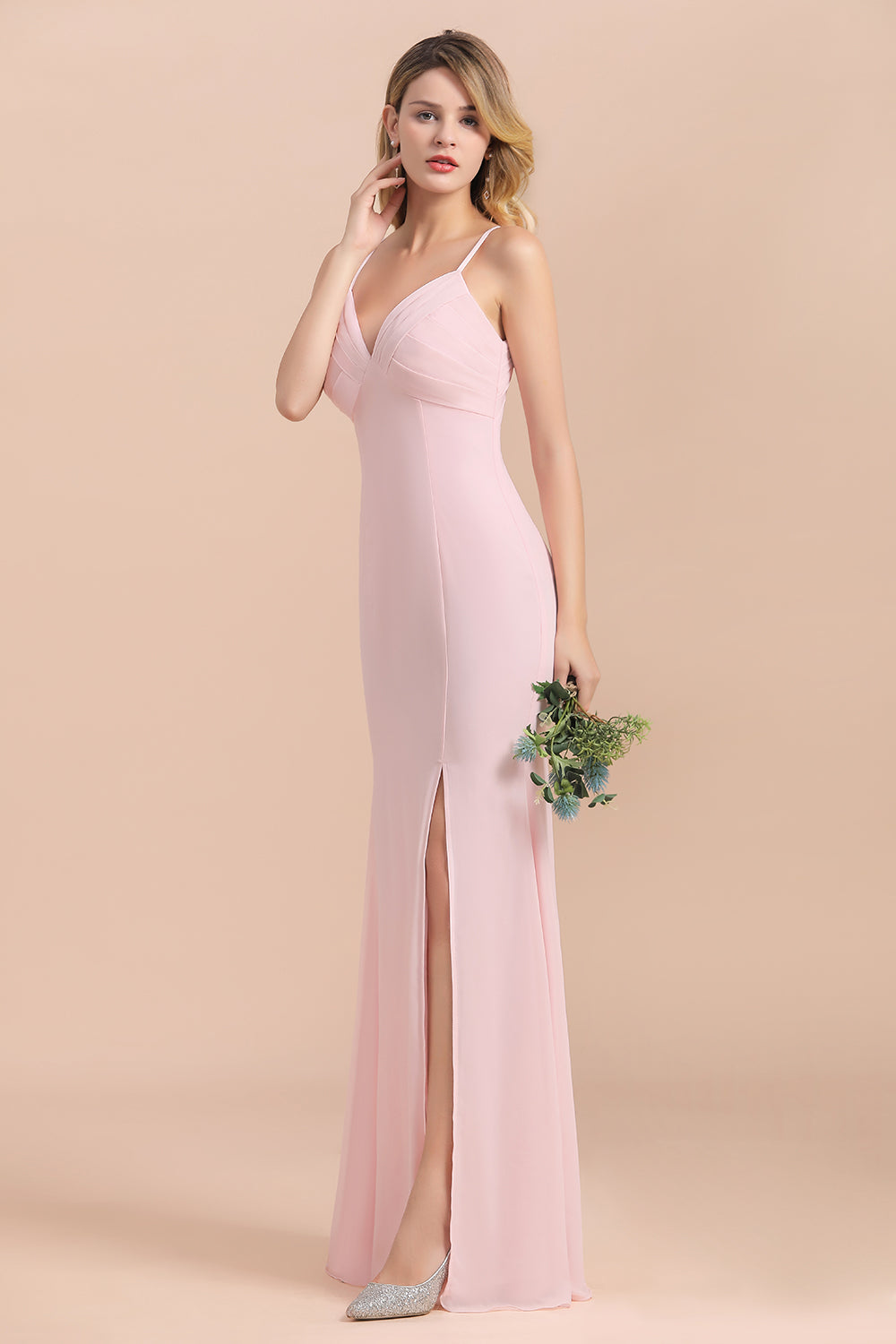 Affordable Sheath V-Neck Blushing Pink Chiffon Bridesmaid Dress with Spaghetii Straps-Babyonlines