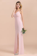 Affordable Sheath V-Neck Blushing Pink Chiffon Bridesmaid Dress with Spaghetii Straps-Babyonlines