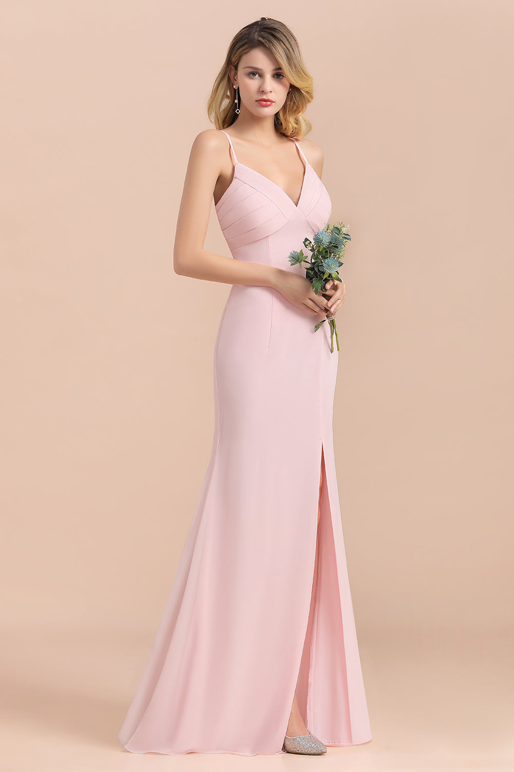 Affordable Sheath V-Neck Blushing Pink Chiffon Bridesmaid Dress with Spaghetii Straps-Babyonlines