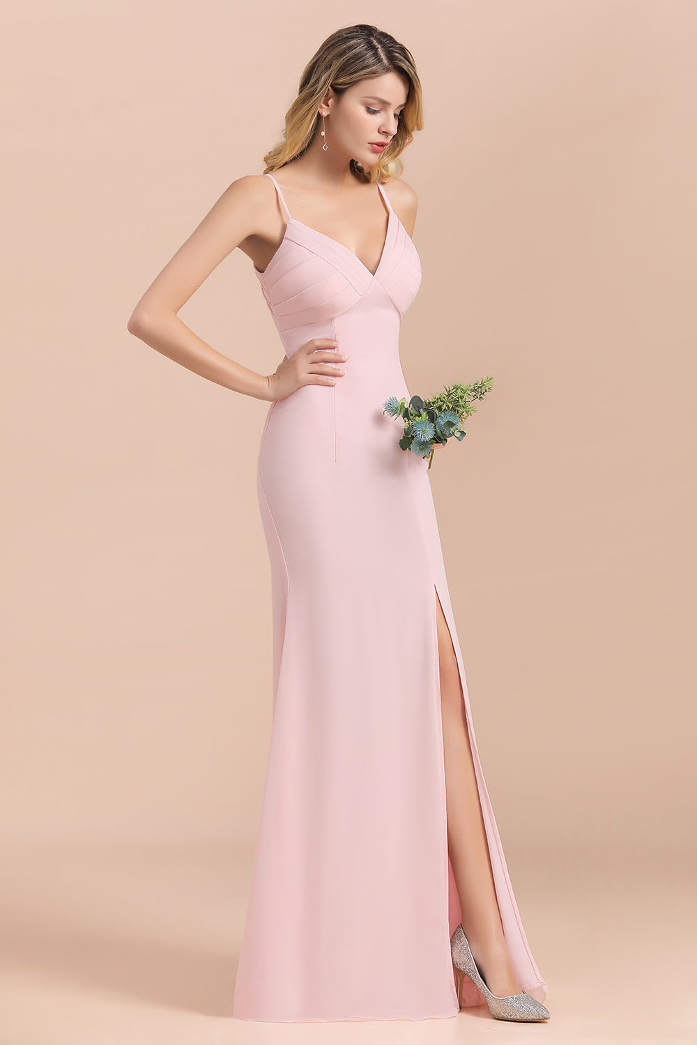 Affordable Sheath V-Neck Blushing Pink Chiffon Bridesmaid Dress with Spaghetii Straps-Babyonlines