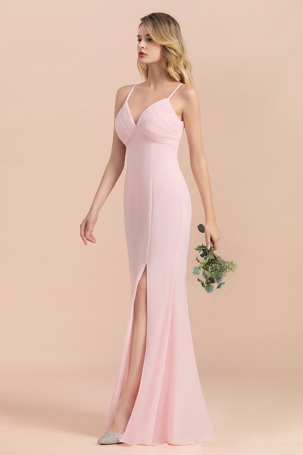 Affordable Sheath V-Neck Blushing Pink Chiffon Bridesmaid Dress with Spaghetii Straps-Babyonlines
