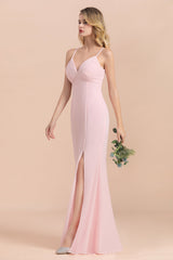 Affordable Sheath V-Neck Blushing Pink Chiffon Bridesmaid Dress with Spaghetii Straps-Babyonlines