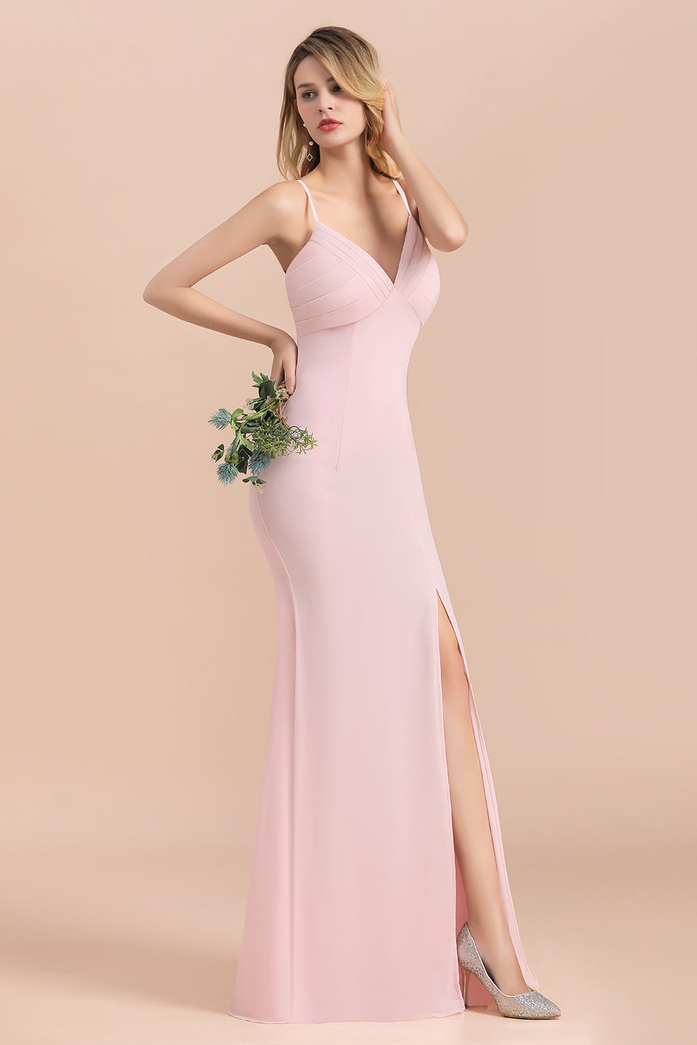 Affordable Sheath V-Neck Blushing Pink Chiffon Bridesmaid Dress with Spaghetii Straps-Babyonlines