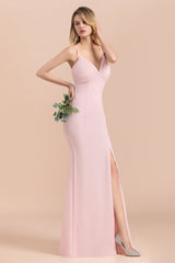 Affordable Sheath V-Neck Blushing Pink Chiffon Bridesmaid Dress with Spaghetii Straps-Babyonlines