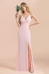 Affordable Sheath V-Neck Blushing Pink Chiffon Bridesmaid Dress with Spaghetii Straps-Babyonlines
