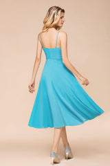 Affordable Spaghetti Straps Blue Chiffon Bridesmaid Dress with Ruffle-Babyonlines